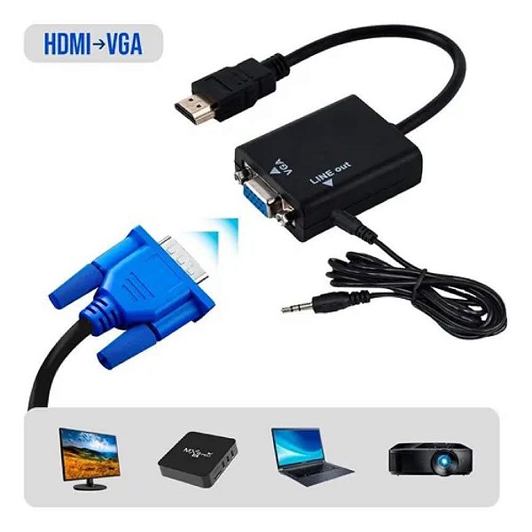 Cabo Adaptador Conversor Hdmi Para Vga Monitor Audio C/p2
