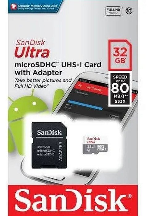 Cartão Micro Sd Sandisk 32gb Classe10 Ultra 80mb/s+adaptador