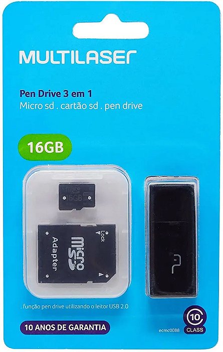 Kit 3 em 1 Pen drive + Adaptador SD + Cartão De Memória Classe 10 com Trava de Segurança 16GB Preto Multilaser - MC112