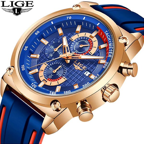Relógio Masculino LIGE 2019 Azul e Dourado