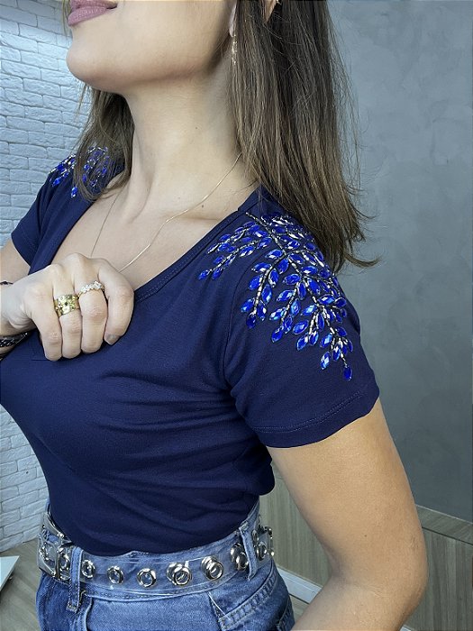 Tshirt Feminina Decote V Marinho Donata
