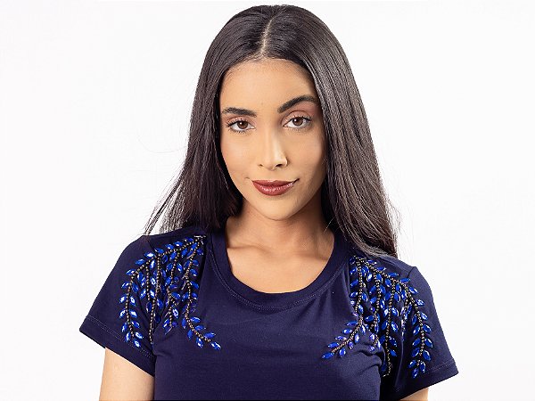 Tshirt Feminina Decote Redondo Azul Marinho Bia