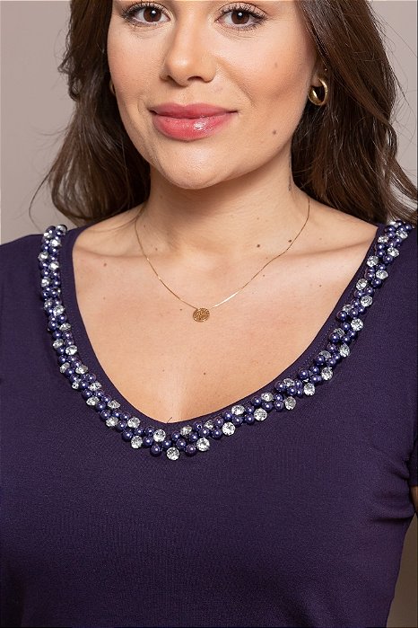 Tshirt Feminina Decote V Azul Marinho Gabriela