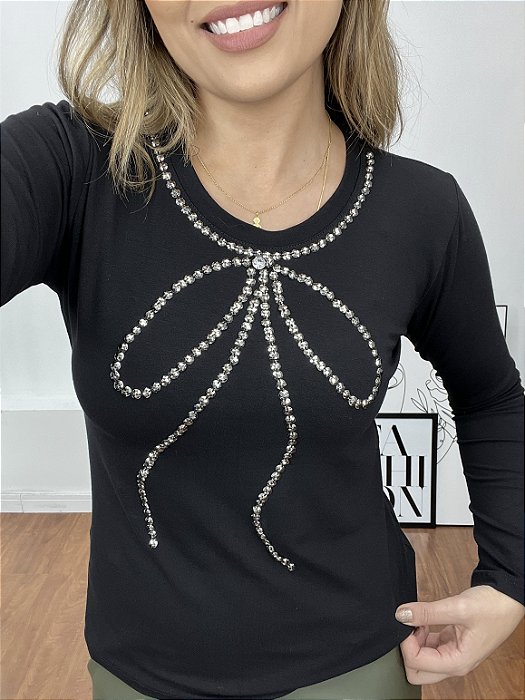 Blusa Manga Longa Decote Redondo Preta Laço Tatá