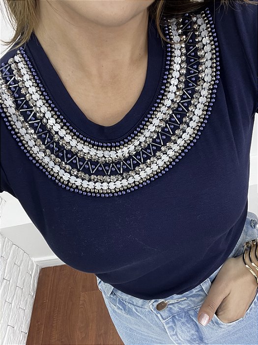 Tshirt Feminina Decote Redondo Azul Marinho Anabella
