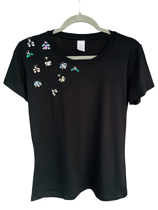 Tshirt Feminina Decote Redondo Preto Insetos