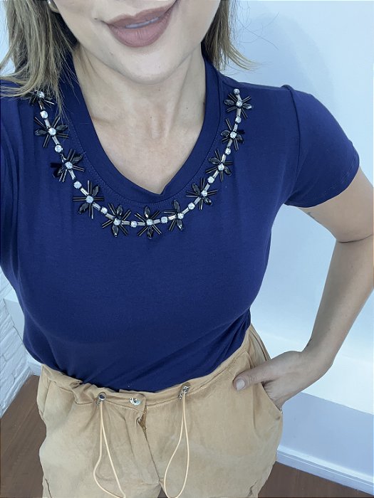 Tshirt Feminina Decote Redondo Azul Marinho Manu
