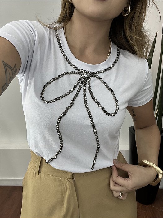 Tshirt Feminina Decote Redondo Branca Laço Tatá