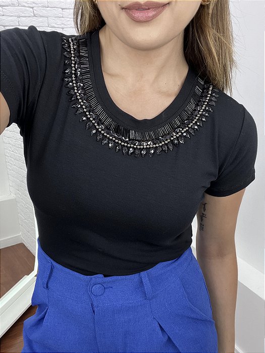 Tshirt Feminina Decote Redondo Preto Sheila