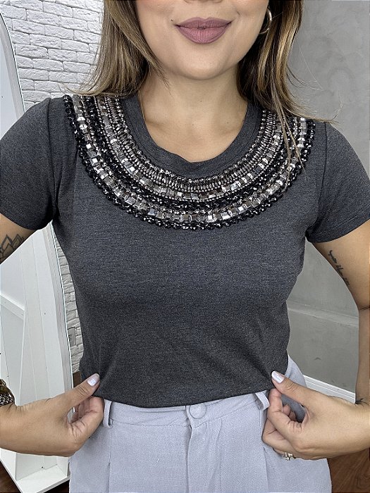Tshirt Feminina Decote Redondo Chumbo Agatha