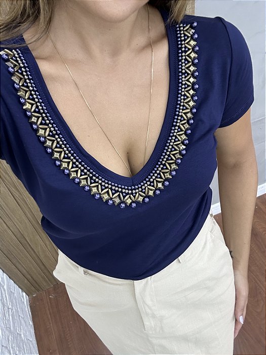 Tshirt Feminina Decote V Marinho Neiva