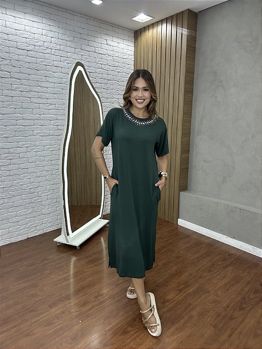 Vestido Midi Decote Redondo com bolso verde Cibele