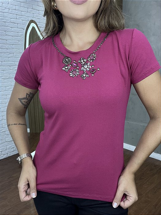 Tshirt Feminina Decote Redondo Fucsia Tais