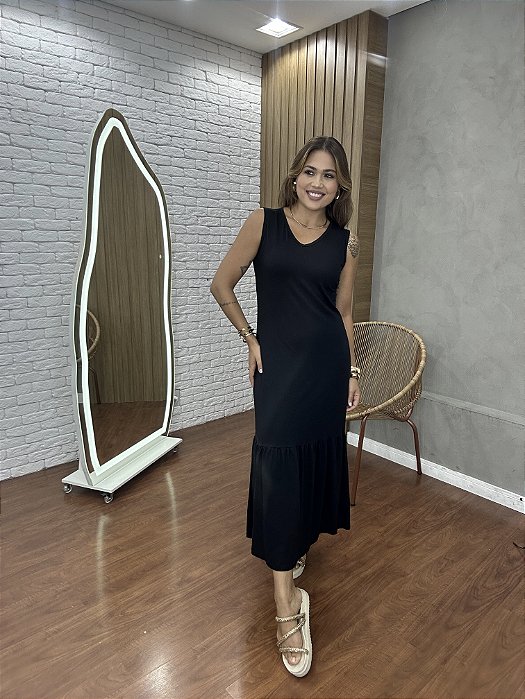 Vestido Midi Decote V Babado Preto