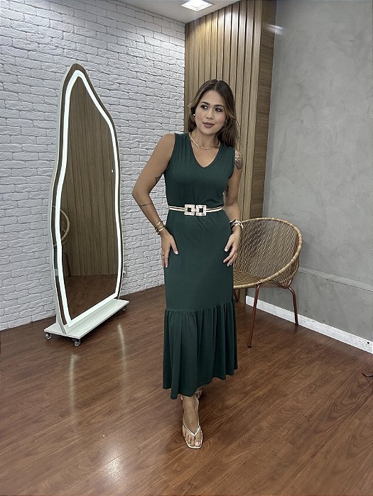 Vestido Midi Decote V Babado Verde