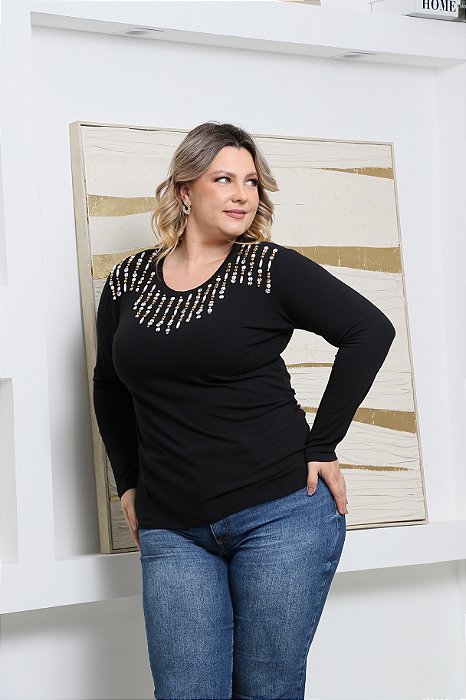 Blusa Manga Longa Decote Redondo Preto Gall
