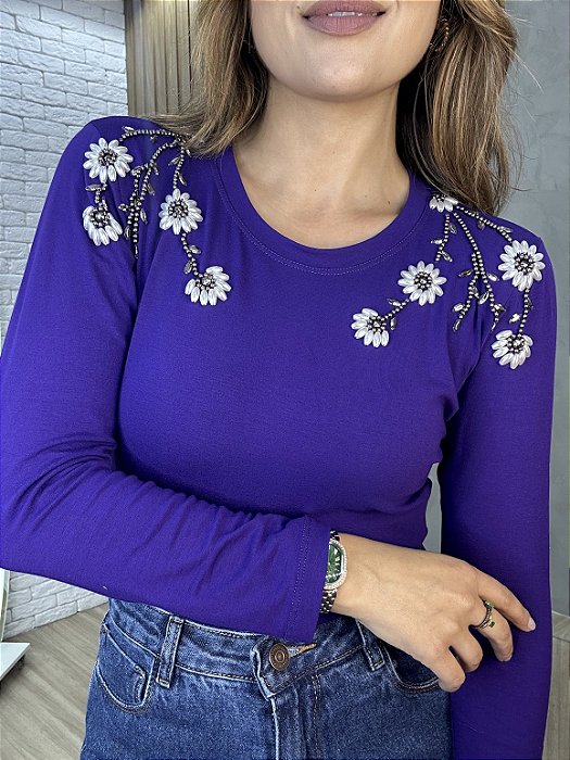 Blusa Manga Longa Decote Redondo Roxa Classy