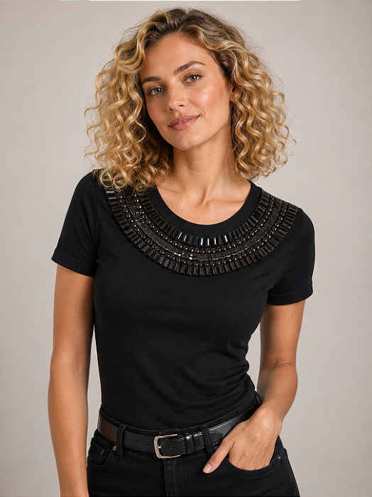 Tshirt Feminina Decote Redondo Preto Donatella