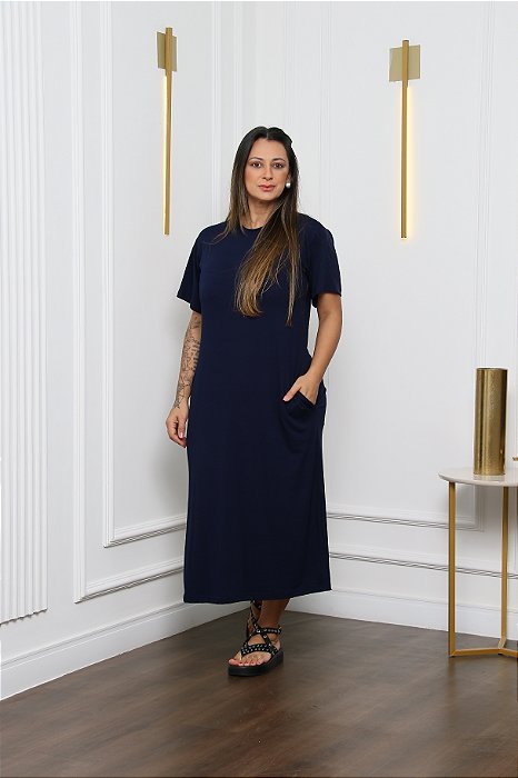 Vestido Midi com Bolso Marinho Joana