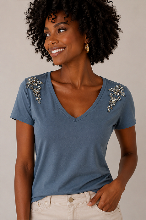 Tshirt Feminina Decote V Azul Jeans Sarah