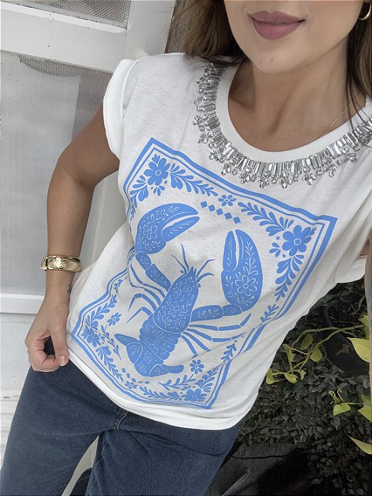 Tshirt Algodão Off White Lagosta Azul