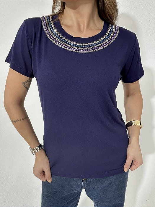 Tshirt Decote Redondo Azul Marinho Débora