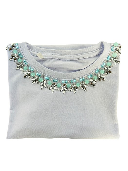 Baby Look Algodão Branca Thayla Turquesa