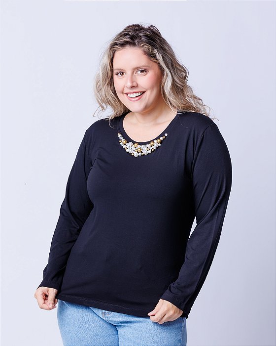 Blusa Manga Longa Decote Redondo Preto Ally