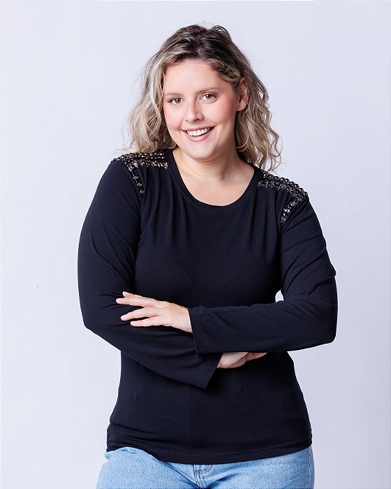 Blusa Manga Longa Decote Redondo Preto Camille