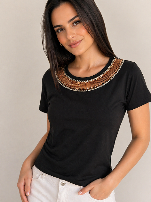 Tshirt Feminina Decote Redondo Preta Gianna