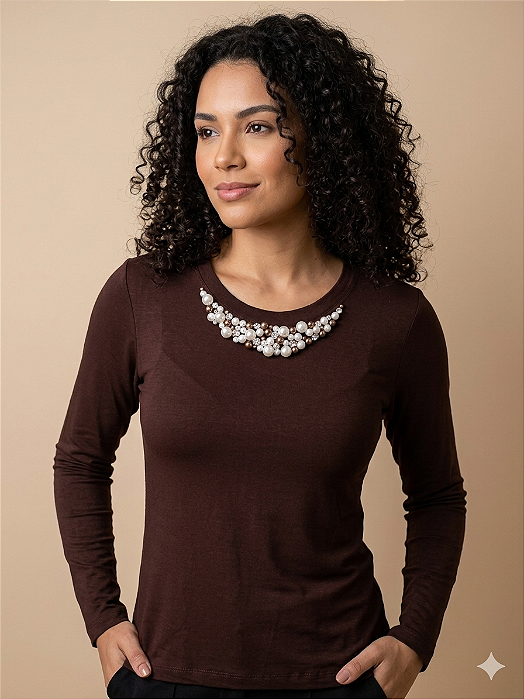 Blusa Feminina Manga Longa Marrom Ally