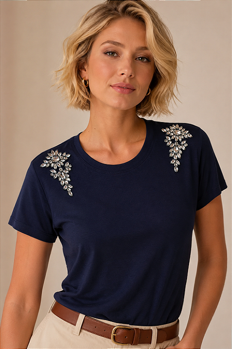 Tshirt Feminina Decote Redondo Marinho Sarah