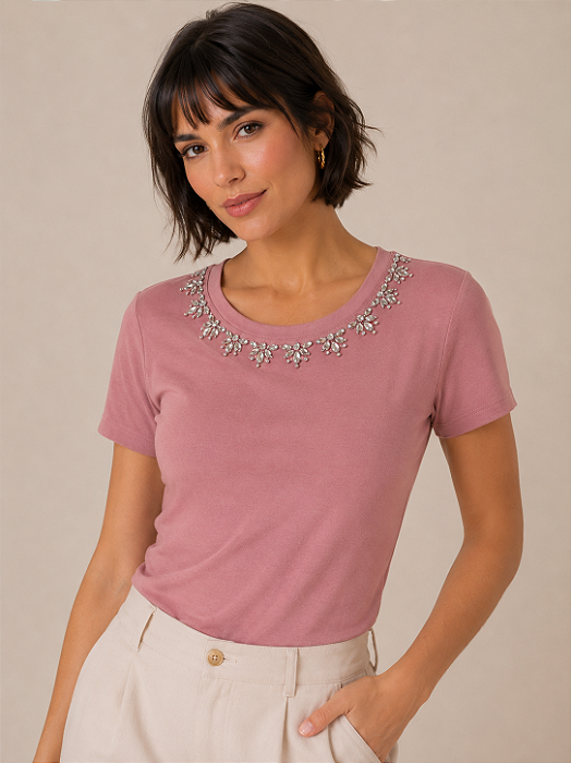 Tshirt Feminina Decote Redondo Rosé Carmem