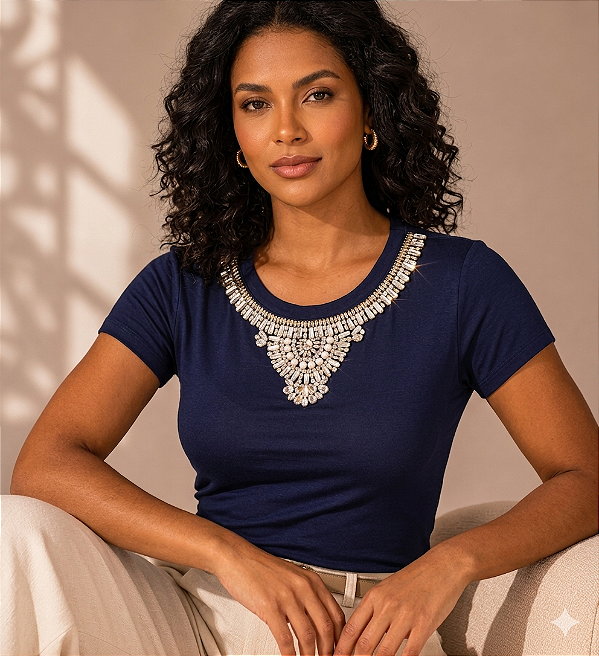 Tshirt Feminina Decote Redondo Marinho Imperial