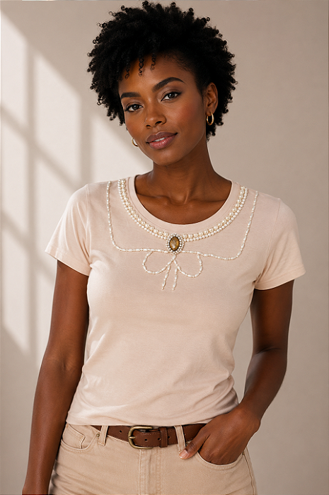Tshirt Feminina Decote Redondo Renda Aurora