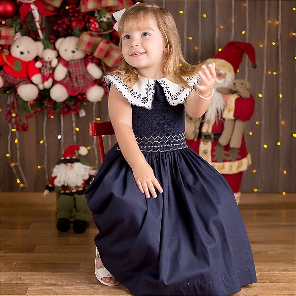 Vestido Infantil de Festa Azul Marinho Bordado Casinha de Abelha - Little  Closet | A Sua Loja de Vestidos Infantis de Festa