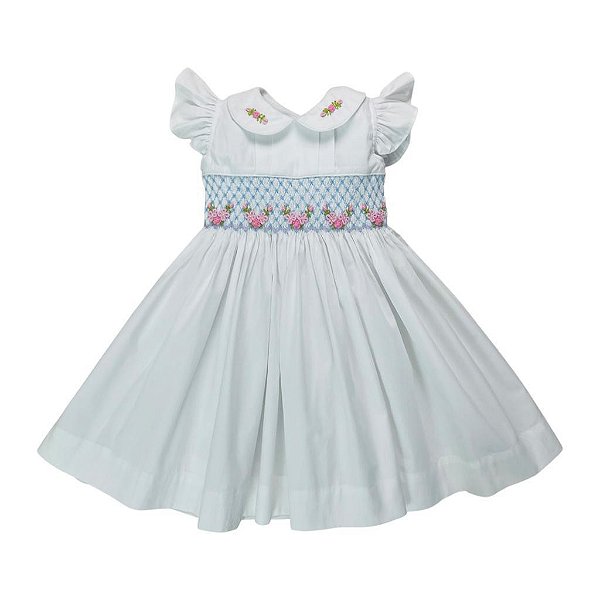 Vestido Infantil Branco Bordado Azul Casinha de Abelha - Maria Alice
