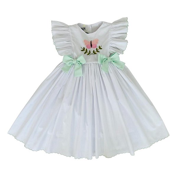 Vestido Infantil Branco bordado a mão borboleta Rosa - Harmonia