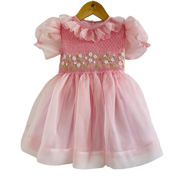 Vestido Infantil de Luxo Organza de Seda Pura Rosa - Isabella