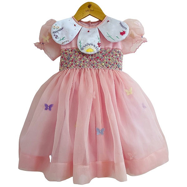 Vestido Infantil de Luxo Organza de Seda Pura Rosa - Jardim Encantado