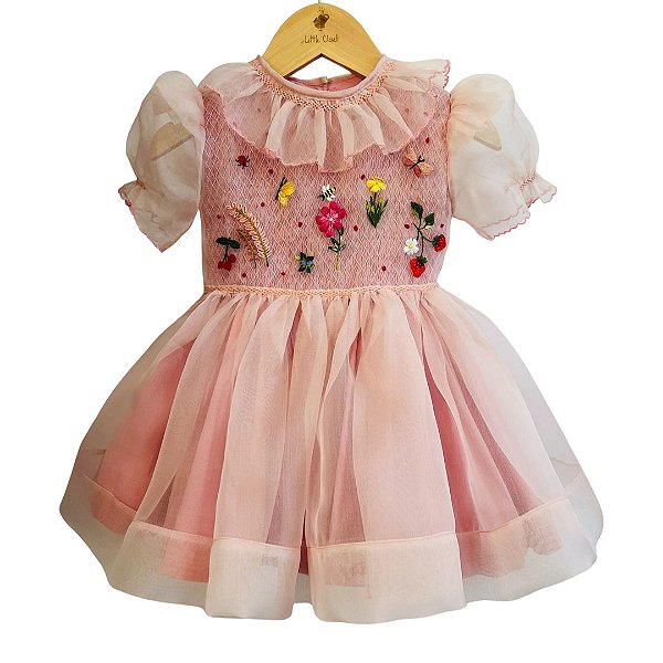 Vestido Infantil de Luxo Organza de Seda Pura Rosê - Jardim Magico