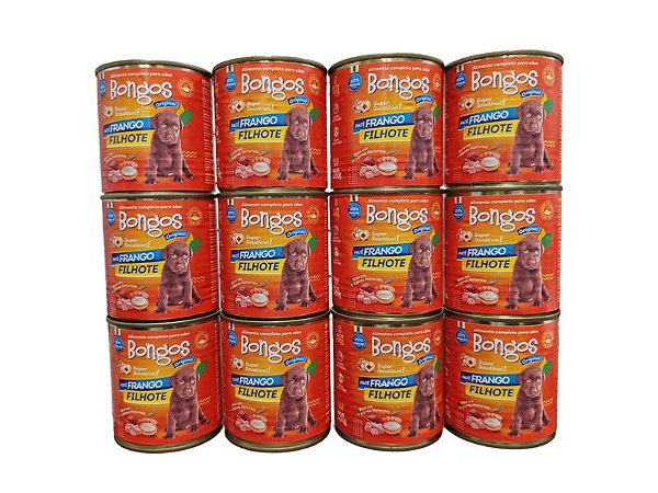 Kit 12 Latas Racao Umida Patê Caes Filhote Frango 280g Bongos