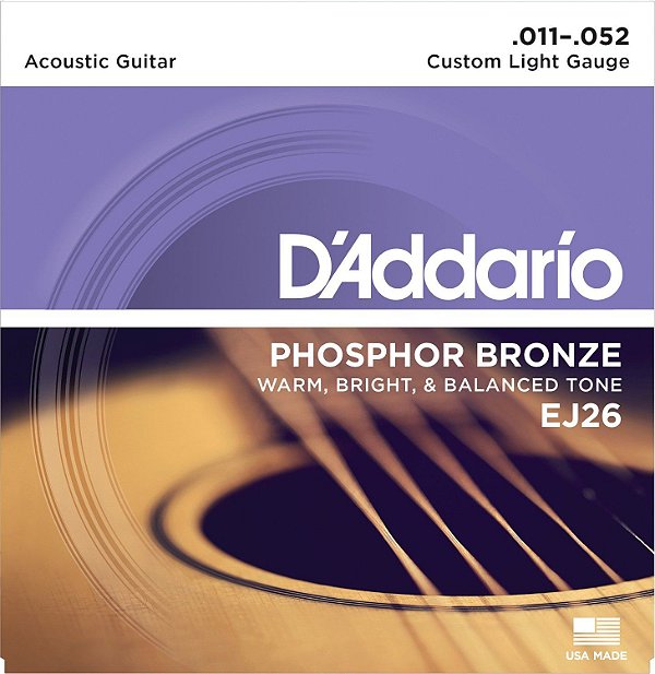 Encordoamento Violão Daddario 6 Cordas (.011-.052) - Custom Light Gauge - (EJ26) - (Phosphor Bronze) - CORDA MI EXTRA