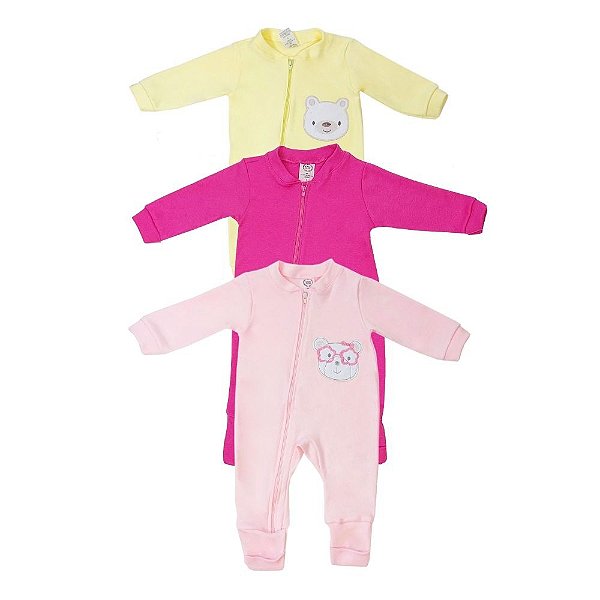 Macacão Bebe Menina Kit 3 peças 1 liso 2 bordados com Ziper