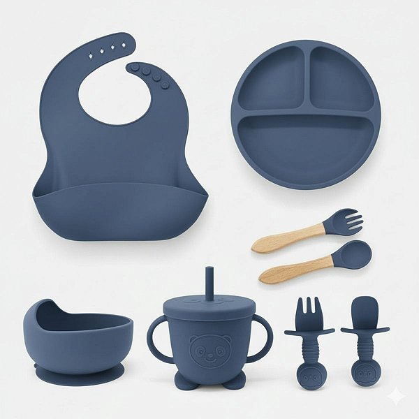 Kit Refeição 8 peças Alimentação do Bebê Silicone Talheres com Ventosa Canudo Babador Cata Migalha