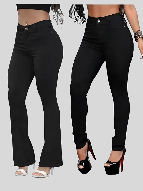 Kit 2 Calças Jeans Femininas Flare e Skinny Preta Premium