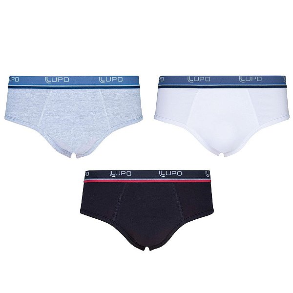 Kit Cueca Slip Algodão - Preto, Branco e Cinza - 3 Peças - Lupo