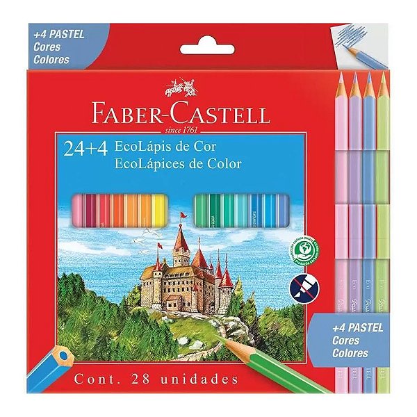 Lápis de Cor Sextavado Faber Castell - 24 cores + 4 cores pasteis