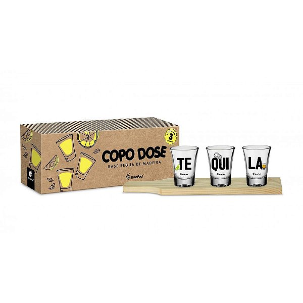 Copos de Dose Tequila - 3 Peças com Régua de Madeira - 60ml - Brasfoot
