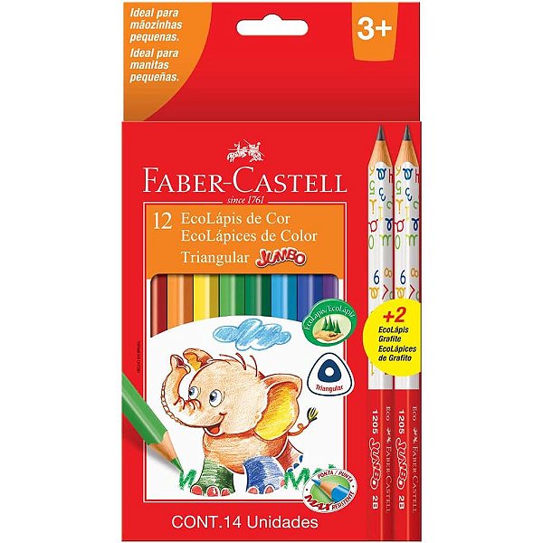 Lápis de Cor Ecolápis Triangular Jumbo 12 Cores + 2 Lápis - 2B - Faber-Castell